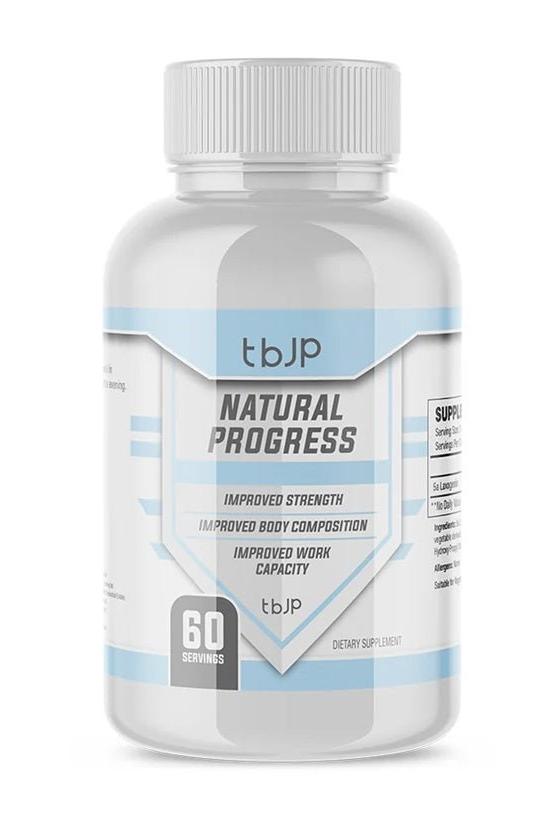 Trained by JP Natural Progress supplement bottle, 60 caps, promoting improved strength and body composition.