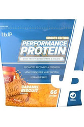 Trained by JP Performance Protein in Caramel Biscuit flavor, 2 kg packaging, 66 servings, high-quality whey protein.