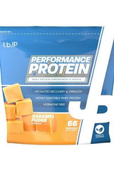 Trained by JP Performance Protein in Caramel Fudge flavor, featuring whey protein concentrate and isolate.