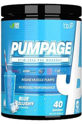 Pumpage pre-workout supplement in Blue Slushy flavor for muscle pumps, 40 servings, stim-free formula.
