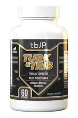 Turk & Trib dietary supplement bottle by tbJP, vegan formula with Tribulus and Turkesterone, 60 servings.