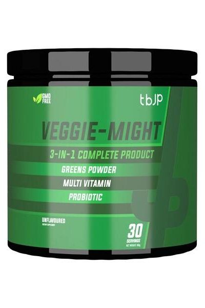 Veggie-Might 3-in-1 supplement container - greens powder, multivitamin, probiotic, 30 servings, unflavoured.
