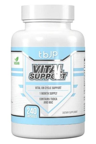 Trained by JP Vital Support dietary supplement bottle for liver and kidney function, 240 vegan capsules.