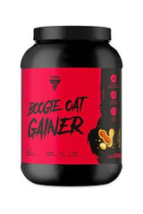 Trec Nutrition Boogie Oat Gainer protein supplement in a black container with a vibrant red label.