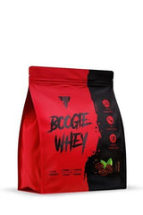 Trec Nutrition Boogie Whey protein powder packaging with vibrant red and black design.