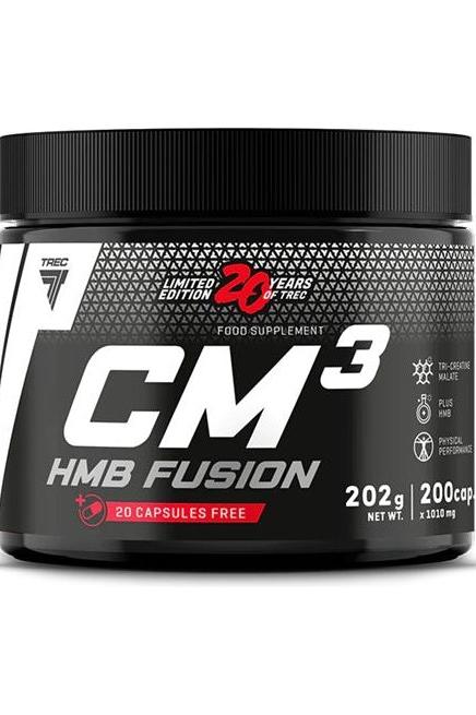 Trec Nutrition CM3 HMB Fusion supplement jar, 202g, features 20 free capsules, supports physical performance.