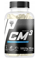 Trec Nutrition CM3 creatine malate supplement in a transparent bottle, 90 capsules for enhanced muscle strength.