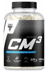 Trec Nutrition CM3 creatine malate supplement in a clear bottle with 180 capsules for increased muscle strength.