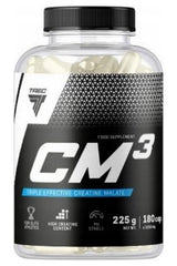 Trec Nutrition CM3 creatine malate supplement in a clear bottle with 180 capsules for increased muscle strength.