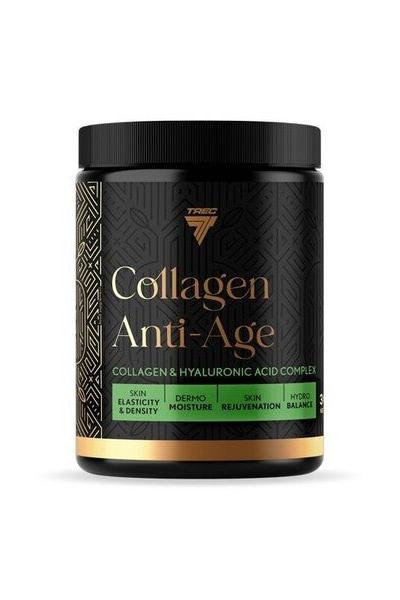 Trec Nutrition Collagen Anti-Age supplement jar, promotes skin elasticity, joint health, and contains natural ingredients.