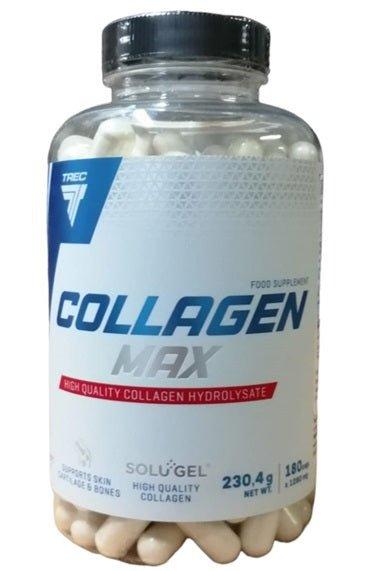 Trec Nutrition Collagen Max supplement bottle, 180 capsules, supports skin health and collagen production. Trec Nutrition Collagen Max supplement bottle, 180 capsules, supports skin health and collagen production.