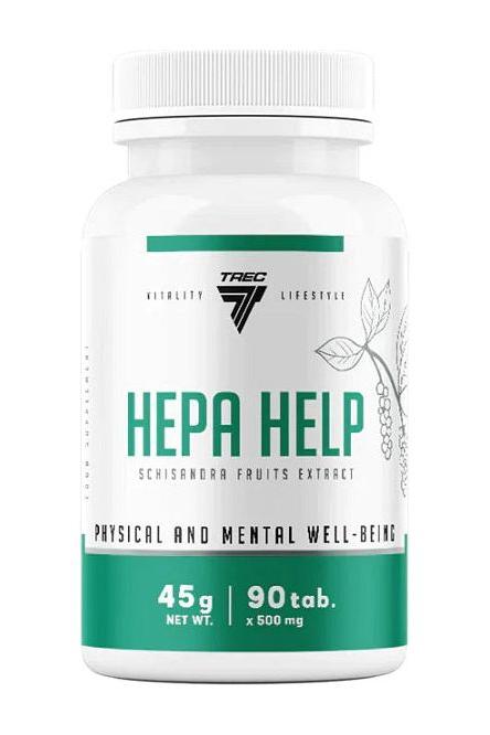 Trec Nutrition Hepa Help supplement bottle with schisandra fruit extract for physical and mental well-being, 90 tablets.