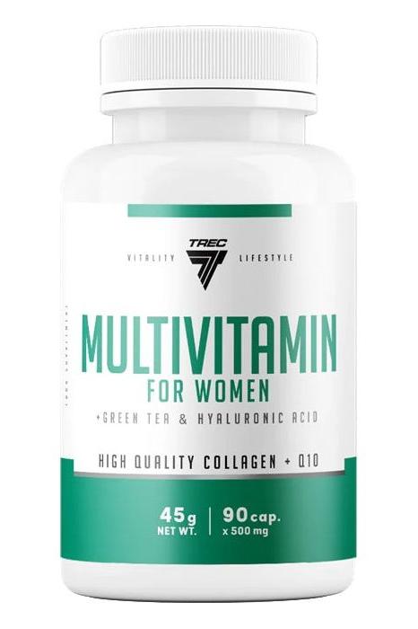 Trec Nutrition multivitamin for women featuring green tea, hyaluronic acid, collagen, and coenzyme Q10 in a bottle.