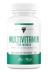 Trec Nutrition multivitamin for women featuring green tea, hyaluronic acid, collagen, and coenzyme Q10 in a bottle.