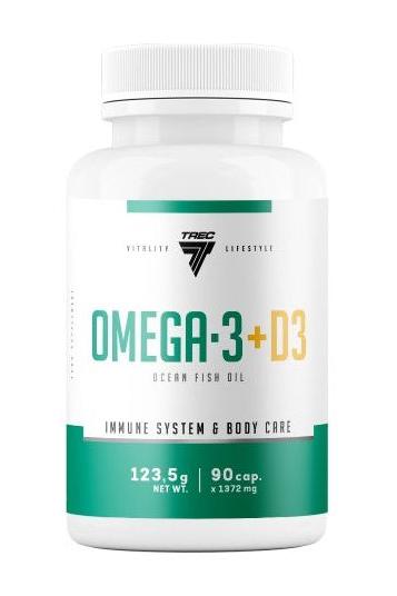 Trec Nutrition Omega-3 + D3 dietary supplement bottle for immune system and body care, 90 capsules.