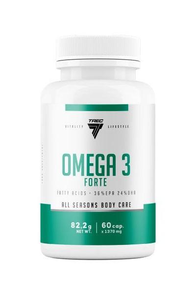 Trec Nutrition Omega 3 Forte supplement bottle for heart health with 60 capsules and essential fatty acids.