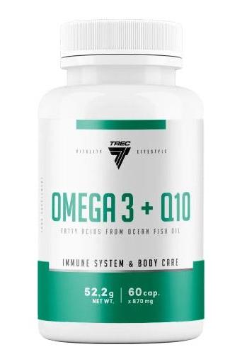 Trec Nutrition Omega 3 + Q10 bottle, supports heart health and cognitive function, 60 capsules, 52.2g.