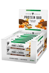Trec Nutrition protein bar box featuring peanut and caramel flavor with high protein and no added sugars.