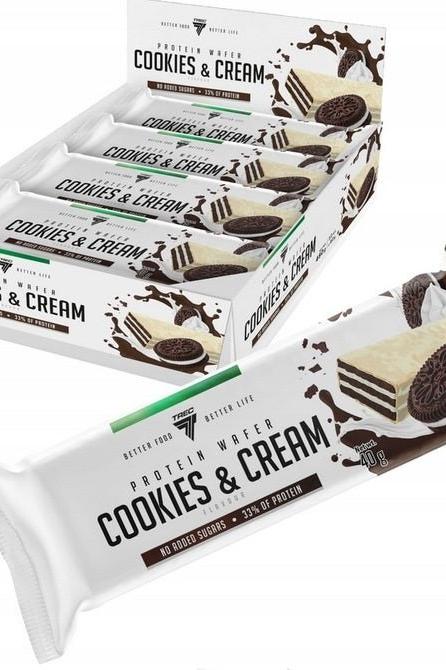Trec Nutrition Protein Wafer in Cookies & Cream flavor, perfect high-protein snack for active individuals.