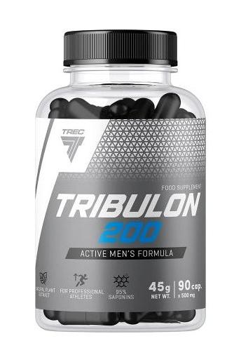 Trec Nutrition Tribulon 200 supplement bottle with 90 capsules for men's energy and hormone balance.