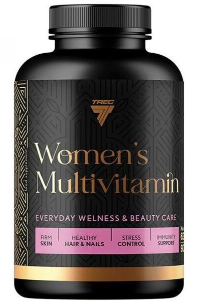 Trec Nutrition Women's Multivitamin bottle with benefits for skin, hair, nails, stress control, and immunity.