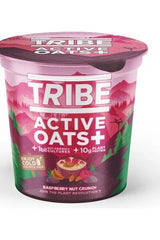 TRIBE Active Oats+ Raspberry Nut Crunch in a cup, featuring plant-based protein and probiotics for a healthy breakfast.