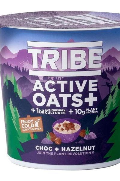 TRIBE Active Oats+ Choc Hazelnut pot featuring plant protein and gut-friendly cultures for a nutritious start.