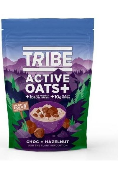 Tribe Active Oats+ pack featuring Choc Hazelnut flavor for a healthy, plant-based breakfast.