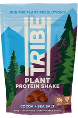 TRIBE Plant Protein Shake packaging with cocoa and sea salt, promoting a vegan protein option for recovery.