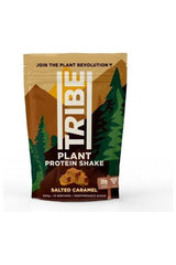 TRIBE Plant Protein Shake in salted caramel flavor, featuring 20g of plant-based protein and a natural ingredients focus.