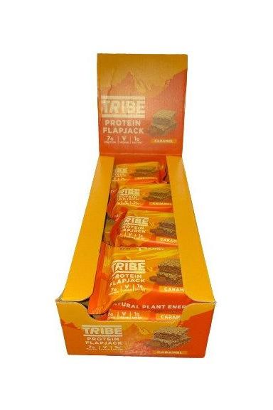 TRIBE Protein Flapjack box displaying natural plant energy bars for daily adventures.