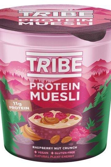 TRIBE Protein Muesli Pot with Raspberry Nut Crunch, vegan, gluten-free, and 11g protein for natural energy.