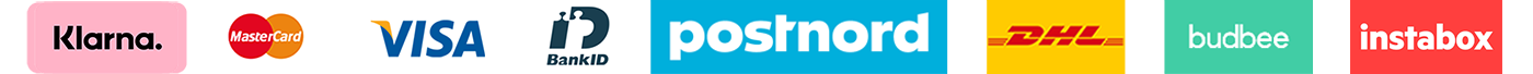 Payment and shipping options including Klarna, Visa, PostNord, DHL, Budbee, and Instabox logos.