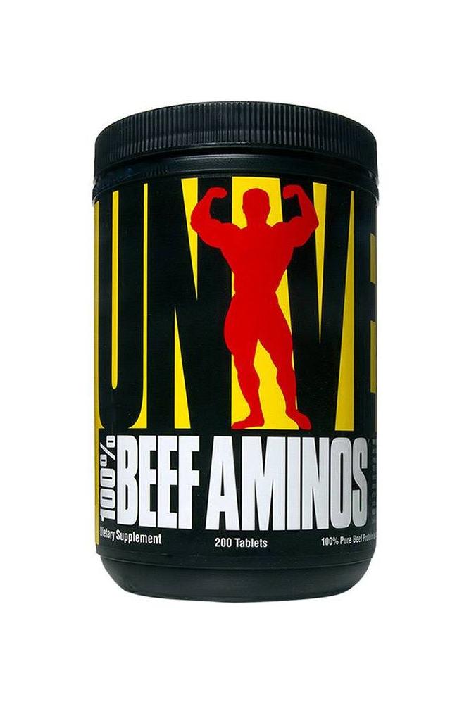 Universal Nutrition 100% Beef Aminos dietary supplement container with 200 tablets for muscle support.