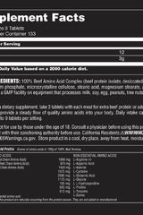 Supplement facts for Universal Nutrition 100% Beef Aminos, detailing ingredients and serving size.