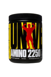Universal Nutrition Amino 2250 supplement jar with 100 tablets for enhanced muscle recovery and strength.