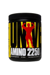Universal Nutrition Amino 2250 supplement jar with 100 tablets for enhanced muscle recovery and strength.