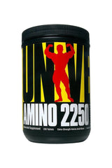 Universal Nutrition Amino 2250 supplement bottle featuring extra-strength amino acid blend and 230 tablets.