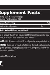 Supplement facts for Universal Nutrition Animal Creatine, detailing serving size and ingredients.
