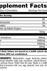 Supplement facts for Animal Energy Chews, detailing serving size, calories, ingredients, and nutritional information.