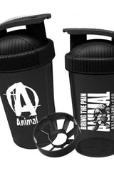 Universal Nutrition Animal Fury Shaker Cup in black, featuring durable design and innovative strainer for mixing drinks.