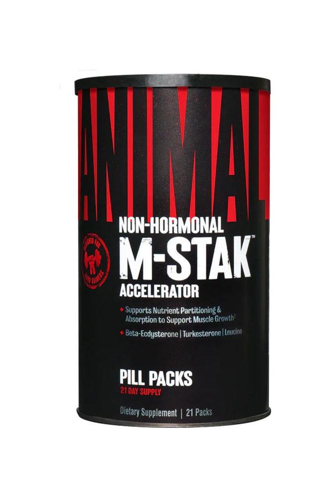 Animal M-Stak supplement canister for muscle growth, featuring 21 pill packs for enhanced nutrient absorption and performance.