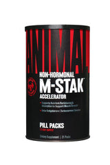 Animal M-Stak supplement canister for muscle growth, featuring 21 pill packs for enhanced nutrient absorption and performance.