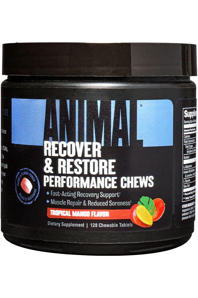 Universal Nutrition Animal Recovery Chews Tropical Mango flavor, 120 chewables for fast recovery and muscle support.