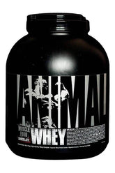 Universal Nutrition Animal Whey protein powder container, rich in chocolate flavor for muscle growth and recovery.