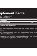Supplement facts for Universal Nutrition Glutamine, showing serving size, nutritional information, and usage instructions.