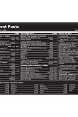 Nutritional information chart for Universal Nutrition Animal Pak, detailing ingredients and their amounts per serving.
