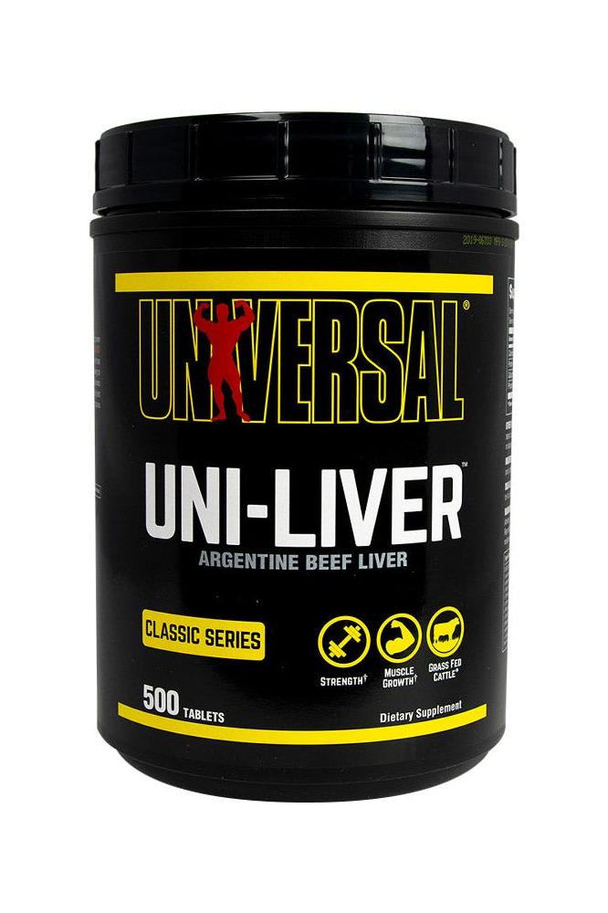 Universal Nutrition Uni-Liver beef liver supplement, 500 tablets, rich in amino acids and B vitamins.