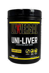 Universal Nutrition Uni-Liver beef liver supplement, 500 tablets, rich in amino acids and B vitamins.