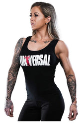 Model wearing Universal Nutrition Ladies Tank Top, showcasing style and comfort for training or casual wear.